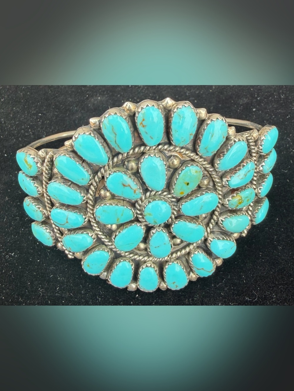 Vintage Selina Warner Signed Sterling Silver Turquoise Cluster Cuff Bracelet